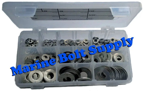 316 Stainless Steel Flat Washer Set With Ten Size Assortment Including Four, Six, Eight, Ten, Twelve And One Quarter Inch, Five Sixteenths Inch, Three Eighths Inch, Seven Sixteenths Inch, And One Half Inch, 340 High Grade Washers In A Durable Seven By in storage box
