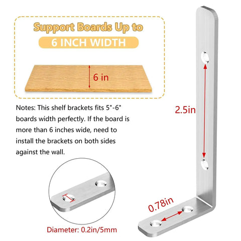 Diagram of L Shaped Corner Bracket 5 by 2 Inches, showcasing dimensions and board fit, stainless steel, matte black, holds 42 pounds per bracket.