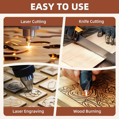 Collage of Six Pack Oak Plywood Sheets One Eighth Inch Thick Twelve By Sixteen Inches Unfinished Craft Wood uses: laser cutting, knife cutting, laser engraving, wood burning.