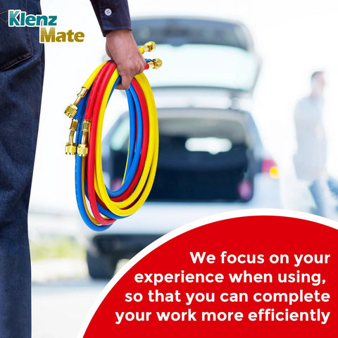 Three 8-ft 1/4-inch refrigerant charging hoses in yellow, red, blue with brass flare fittings for automotive A/C.
