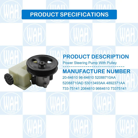 Power Steering Pump With Pulley For Jeep Liberty 2002 2003 2004 2005 2006 V6 3.7L Beefed Up Replacement Easy Install Durable Steering Part