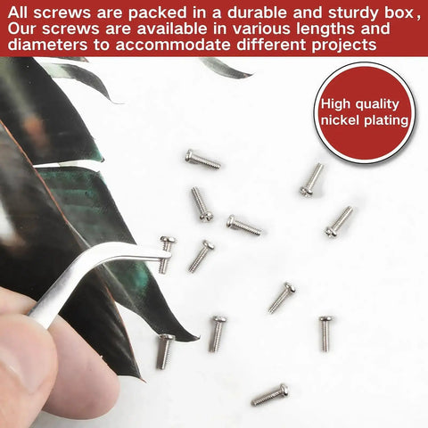 Small Micro Repair Screw Set 1000Pcs Nickel Plated Carbon Steel Phillips Pan Head Precision Screws For Eyeglasses Watches Clocks And Mobile Phones In Clear Storage Case M1 To M1.7 image showing screws and tweezers