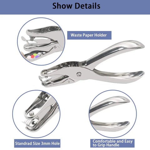 Close-up of hole punch pliers from 200 Piece Colorful Mini Paper Brads With Silver Washers And Hole Punch Pliers Set For Crafting Scrapbooking DIY Projects Card Making And School Projects Reusable Iron Metal Fasteners For Crafty Folks.
