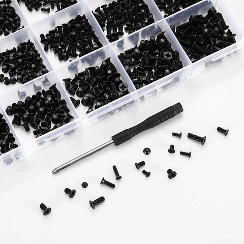 Over 700 Pcs Flat Head Machine Screws Assortment Kit With Phillips Countersunk Bolts in black alloy steel, screwdriver included.