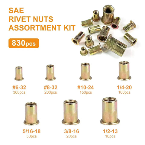 Rivet Nut Kit 830 Pieces SAE and Metric Flat Head Assortment displayed with various sizes and flat head zinc-plated steel finish.
