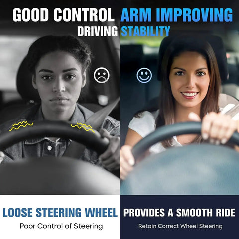 Comparison of a driver with loose steering wheel versus another with smooth ride, highlighting arm stability improvement.