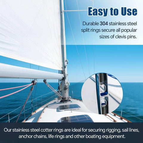Sailboat with 304 stainless steel clevis pin and split rings, part of the 70 Piece Stainless Steel Cotter Ring Kit With Five Sizes For Marine Use, Durable Rust Resistant Cotter Pins, Split Rings And Clevis Pin Security For Sailboat Rigging, Saltwater Ready Hardware.
