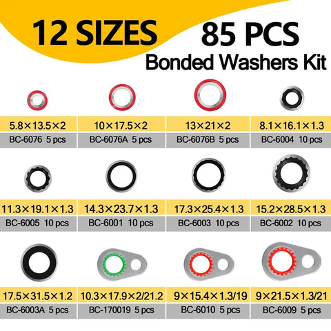 Ultra Value 265 Piece AC O Ring And Gasket Seal Kit For R134a Systems with 12 sizes and 85 bonded washers displayed
