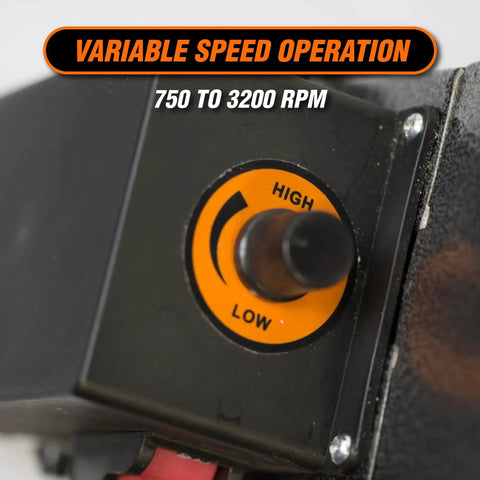 Close-up of speed control dial on Mini Benchtop Wood Lathe With Variable Speed For Pens Bowls Cups Chess Pieces And More 8 Inch Swing 13 Inch Between Centers Soft Start Three Point Two Amp Motor By WEN Ideal For Small Projects And Fine Details, showing variable speed from 750 to 3200 RPM.