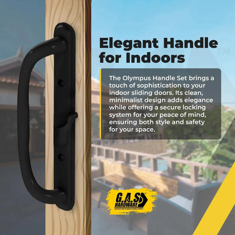 Side view of 10 Inch Olympus Sliding Patio Glass Door Offset Pull Handle Set Replacement Non Keyed Black Finish installed on door