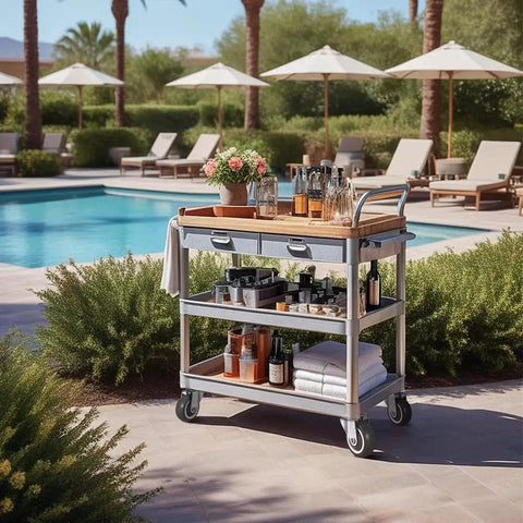 Outdoor bar cart with drinks and towels by a pool, showcasing 1.5 Inch Caster Wheels Set Of 4 Heavy Duty No Noise Swivel Top Plate Casters.