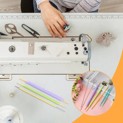 Sewing workspace with 10 Piece Tube Turner Sewing Tool Set For Fabric Turning With Assorted Sizes Three Sixteenths Of An Inch