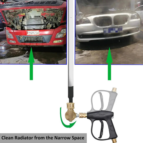 Radiator Cleaning Wand Accessory With Quick Connect Pivoting Coupler 240 Degree Swivel For Pressure Washer Nozzle Tips 7 Angles Gutter Attachment And Easy Clean Up For Cars And Home Garage Cleaning shown with car radiators