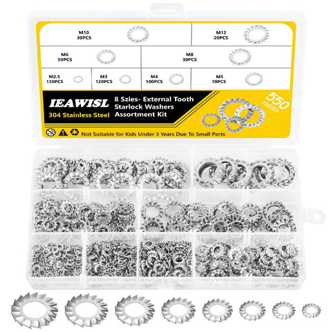 550-piece external-tooth star lock washer set in a clear plastic case, 304 stainless steel metric sizes M2.5–M12