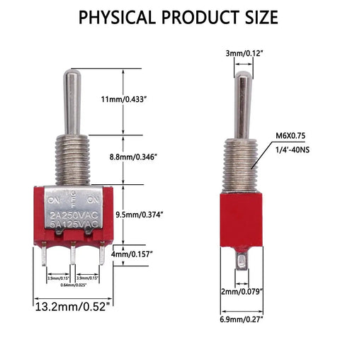 Dimensions of Mini Momentary Toggle Switch SPDT 3 Position On Off On Waterproof Cap, 6 Pack Car Boat Switch diagram