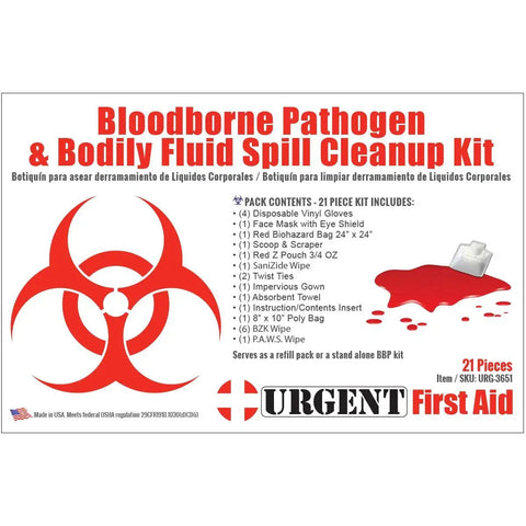 22 Piece Bodily Fluid Clean Up Kit For Bloodborne Pathogen Spills OSHA Compliant PPE with contents list and biohazard symbol