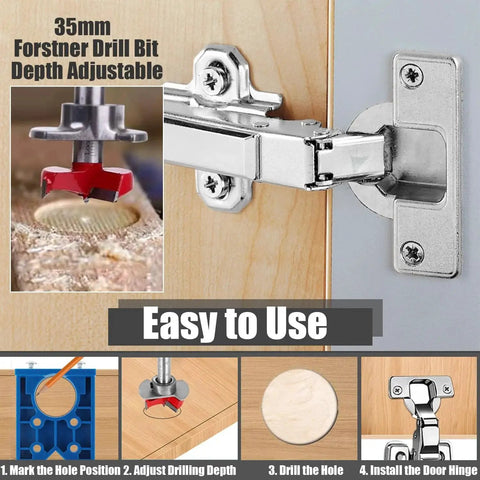 Concealed 35mm Hinge Jig Kit With Adjustable Depth Carbide Forstner Drill Bit For Hinge Boring Hole Saw Cutter For Door Hinges Drilling Guide For Cupboard And Cabinet Doors No Fuss Installation, showing hinge installation process and tool close-up.