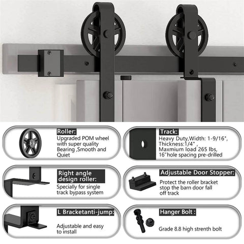 Sliding Barn Door Track Hardware Kit for Low Ceiling Spaces, Bypass and Rolling Library Ladder Style details with rollers and brackets.