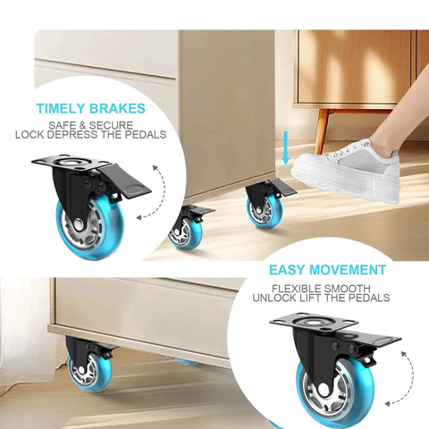 Blue 3 Inch Plate Caster Wheels Heavy Duty With Brake shown on a cabinet, highlighting locking mechanism and easy movement features.
