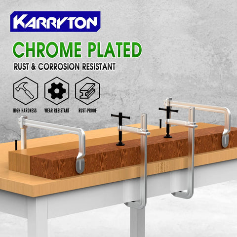 KARRYTON chrome-plated F clamps, 4-pack, 12in long with 3in throat; drop-forged steel.