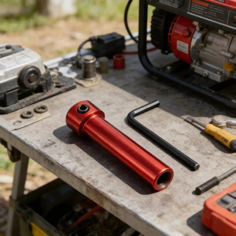 Close-up of red steel coupling sleeve with threaded end on a dusty workbench beside an L-shaped hex key