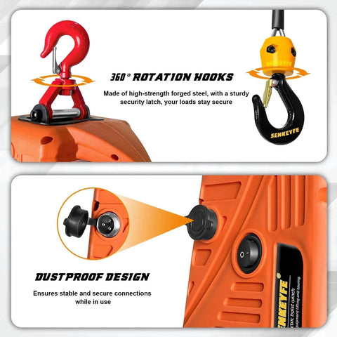 Electric Portable Hoist Winch 1500Lbs 3 In 1 Lift System hooks and dustproof features close-up
