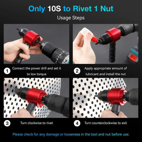 Usage steps for Rivet Nut Tool Kit For Drills And Ratchets, Cordless Drill Adapter with mandrels and rivet nuts.