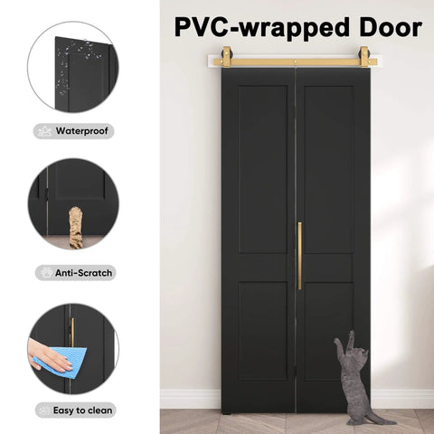 36 By 84 Inch Bifold Barn Door In Textured Black With Vinyl Wrap Two Panel Hollow Core Interior Door With Brushed Gold Hardware Kits Waterproof And Scratch Resistant Easy To Clean Kid Proof And Pet Friendly Great For Closets Pantries And Laundry Rooms.