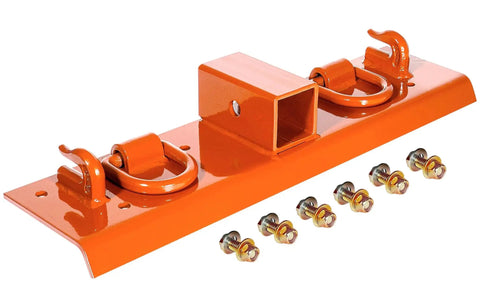 Bolt On Tractor Grab Hooks For Kubota Buckets With D Rings 2In Receiver Orange, heavy-duty steel, front view with bolts