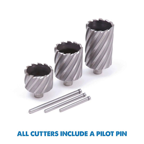 Cyclone Premium High Speed Steel Annular Cutter Go-To 1-1/8 Inch Diameter 1 Inch Depth Of Cut For Magnetic Drill Presses With Weldon Shank 3/4 Inch, Two Flats, Free Pilot Pin Evolution CC112 shown with included pilot pins.