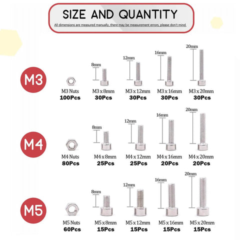 Size chart displaying M3, M4, M5 stainless steel hex socket head cap bolts screws nuts set from 510Pcs M3 M4 M5 Stainless Steel Hex Socket Head Cap Bolts Screws Nuts Set In 304 Stainless Steel For DIY Projects Home Repairs Machinery And Automotive Use Assortment Kit.