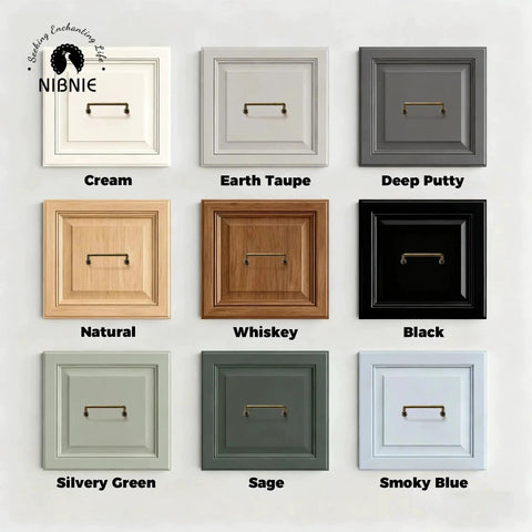 Ten Pack Antique Brass Cabinet Pulls with Center to Center Mounting of Three and Three Quarters Inches displayed on nine cabinet finishes.