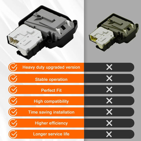 Washer door lock switch assembly with white connector and gray housing; front and side views.