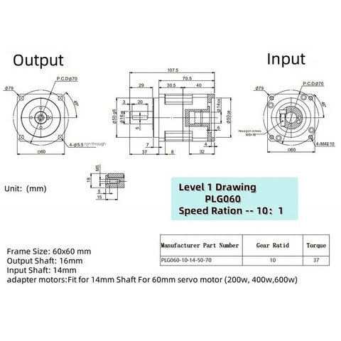 Technical diagram of Boss Grade 10 To 1 Planetary Gearbox With Ultra Low Backlash 3 Arcmin Speed Reducer For 14mm Shaft And 60x60mm Frame