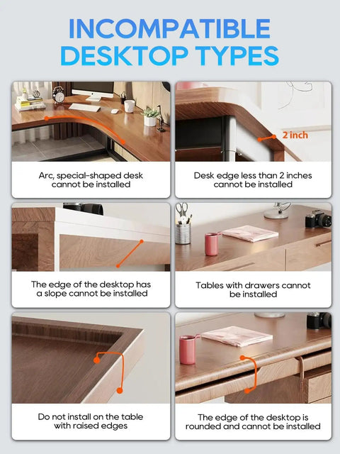 Image showing incompatible desktop types for No Drill Under Desk Cable Management Tray With Clamp On Design, illustrating various desk shapes and edges.