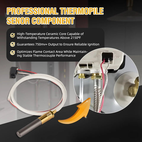 LP thermopile sensor component for pilot assembly; white insulated cable with brass probe, installation view