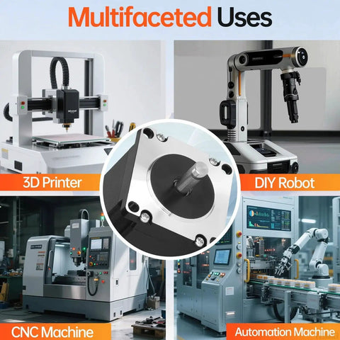 Multifaceted uses of Beefy Nema 23 Stepper Motor 3 Pack in 3D printers, DIY robots, CNC machines, and automation machines.