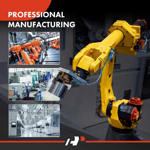 Yellow robotic arm with manufacturing facility background, illustrating professional manufacturing process.