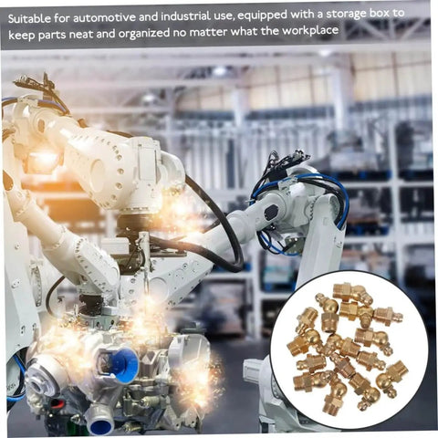 Beefed Up Grease Fittings Assortment Kit With Straight And Angled Fittings For Hydraulic Applications shown in industrial setting