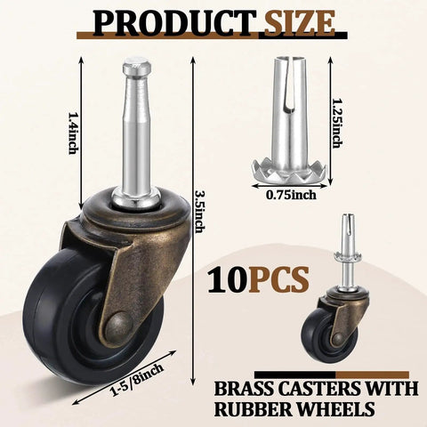 Ten Pack Vintage Brass Stem Caster Wheels With 1-5/8 Inch Rubber Wheels, 1.4 Inch Stem And 0.75 Inch Socket Diameter dimensions