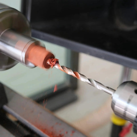 Close-up of Pen Mandrel Kit MT2 for Woodturning with 7mm drill bit in action on DIY lathe, showing precise pen shaping.