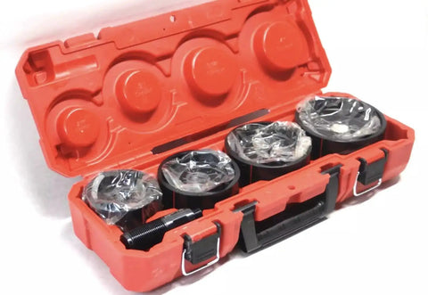 M18 Exact 2-1/2 to 4 Inch Knockout Set for Electrical Rough-In in durable red case, showing tools and attachments, heavy-duty kit
