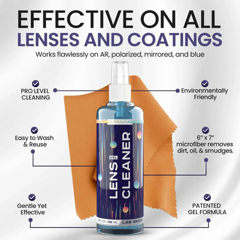 Gel Eyeglass Lens Cleaner Spray Kit With 2x 8oz Bottles And 2 Microfiber Cloths promoting effectiveness and eco-friendliness.
