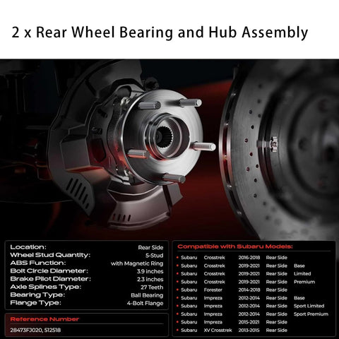 Two Pack Rear Wheel Bearing And Hub Assembly With Five Lug 512518 For Forester Crosstrek Impreza And XV Crosstrek Low Runout OE Direct Fit Rear Wheel Hub Bearing Assembly Set