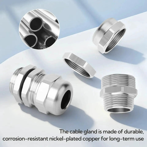 Five Pack Nickel Plated Copper Cable Gland waterproof metal seal components separated viewed from different angles