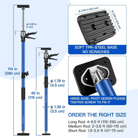4 Pack Steel Telescopic Support Poles With Quick Adjustable Third Hand System showing length and hinge features