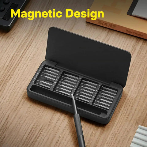 28 In 1 Precision Screwdriver Set With Magnetic Bits And Case on table, featuring labeled magnetic design and open lid showing bits.