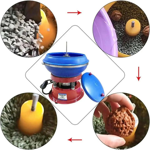 Vibration Drum Polisher Kit For Metal Parts Gemstones Jade Auto Parts And Jewelry High Frequency Tumble Polisher shown with parts in action.