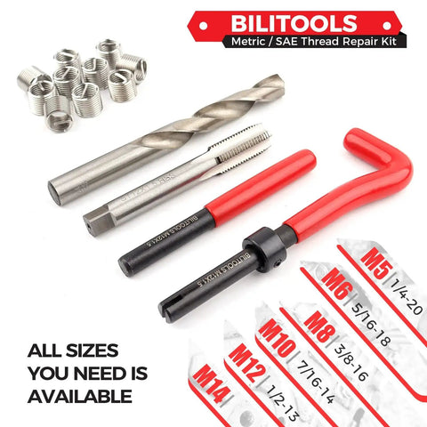 M6x1.0 Thread Repair Kit With HSS Drill For Helicoil Inserts, includes drill, taps, stainless inserts, and installation tools