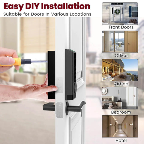 Image showing installation of a Next Level Smart Lock With Camera And Doorbell, 6 In 1 Keyless Entry on a white door for home or office use.